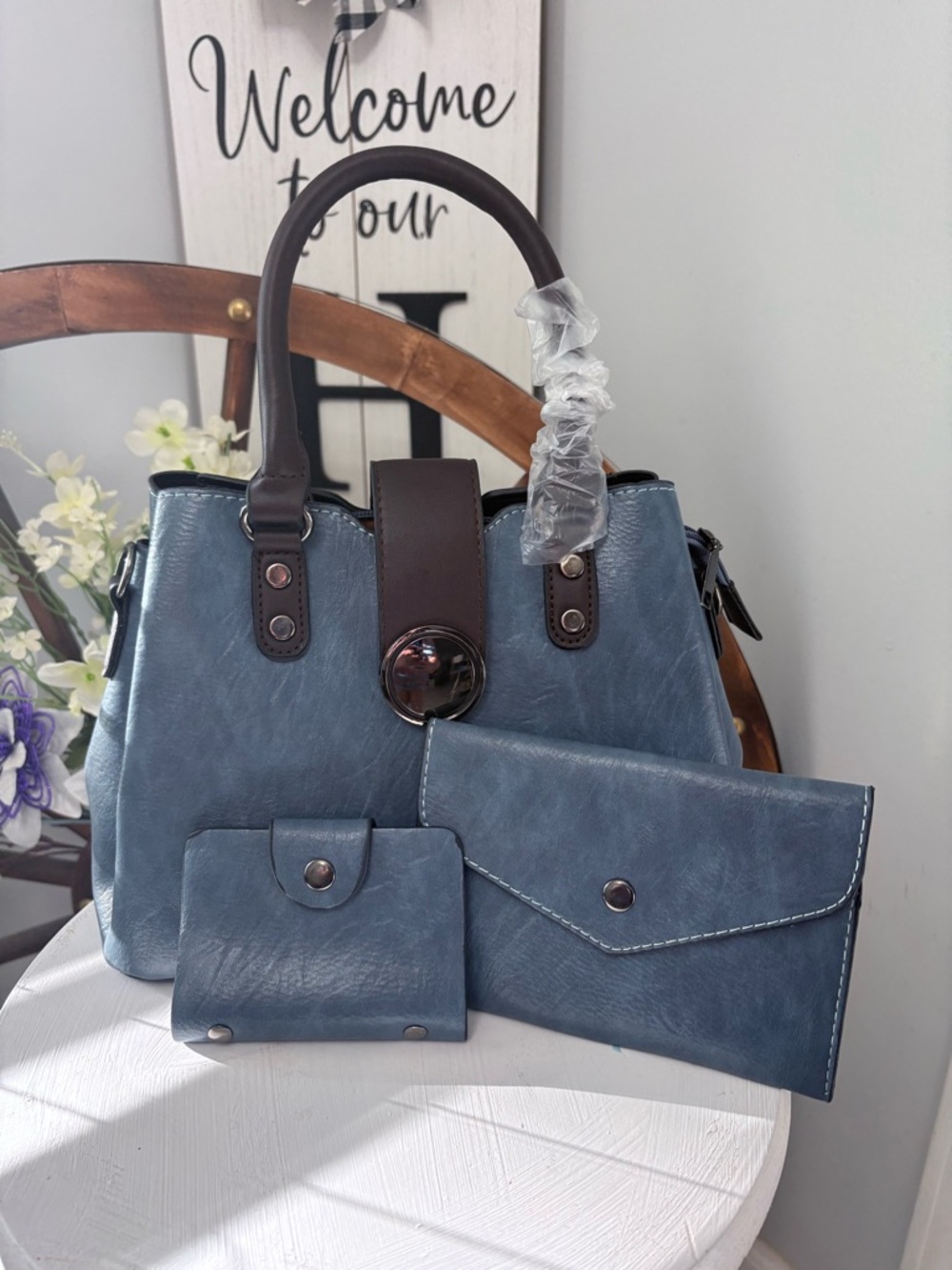 🩵 Blue Faux-Leather Top-Handle Handbag with Matching Wallets NWOT 3 piece set